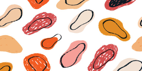 Hand drawn Abstract flat organic blob shapes in a variety of warm pastel tones including red, pink, yellow, and orange
