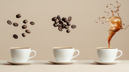 Obraz premium A cup of coffee is poured into three empty cups, while coffee beans spill from the cups