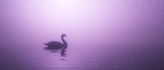 Naklejka premium Solitary swan on misty lake at dawn; peaceful scene