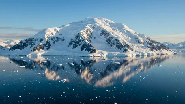 Majestic snowy mountain peacefully reflecting in calm blue water with ice floes under a clear sky
