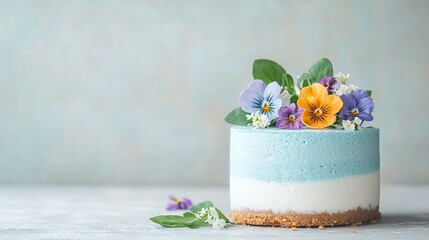   A close-up of a cake on a table with a flower decoration on top of the cake