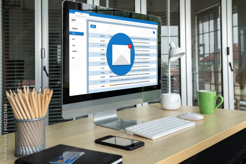 Poster email notification message showing on computer screen snugly. digital marketing message information 