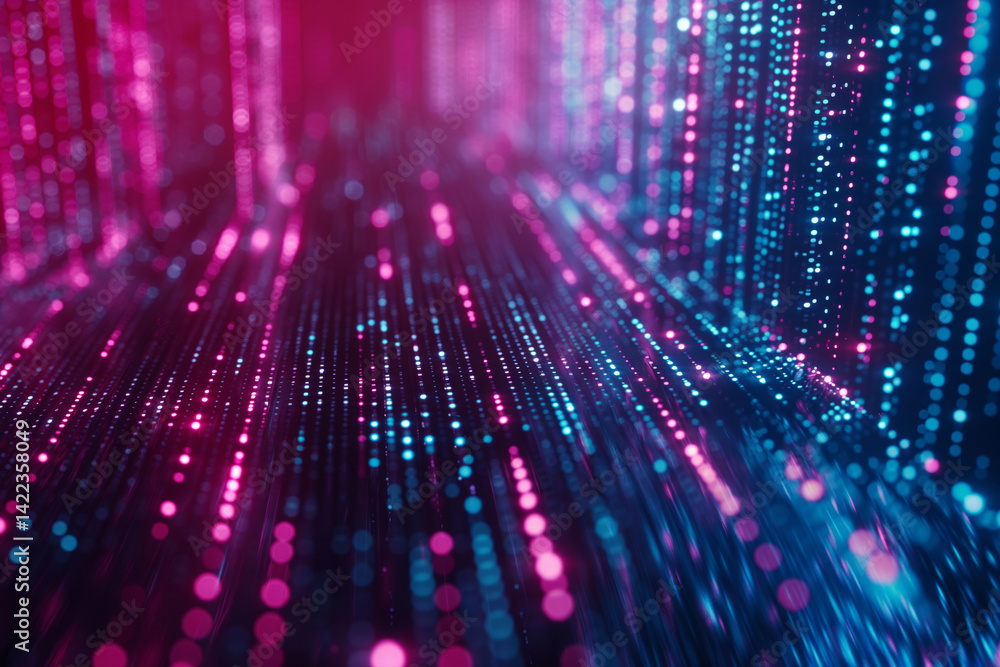 Poster digital pink and blue vertical columns with glowing lights. data stream concept.