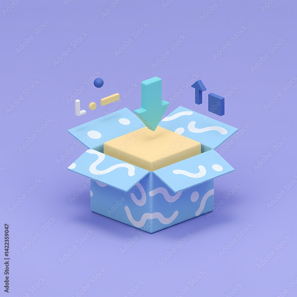 Poster 3d a stylized illustration of an open box with a yellow cube inside.
