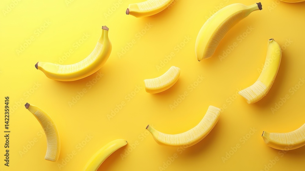 Poster cheerful yellow background with fresh ripe bananas arranged in playful pattern creating vibrant and 