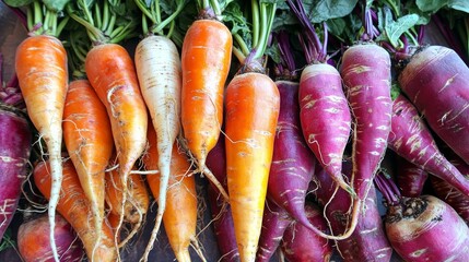 Vibrant High-Angle Close-Up of Fresh Organic Root Vegetables Including Carrots and Beets with Textured Leafy Tops on Dark Wooden Background, Emphasizing Natural Colors, Rich Textures