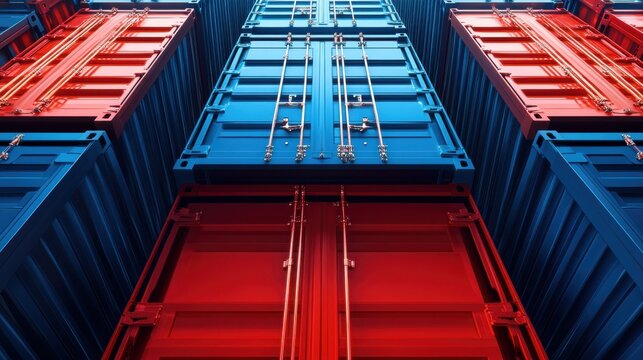 Full frame close up of stacked blue and red shipping containers in a port