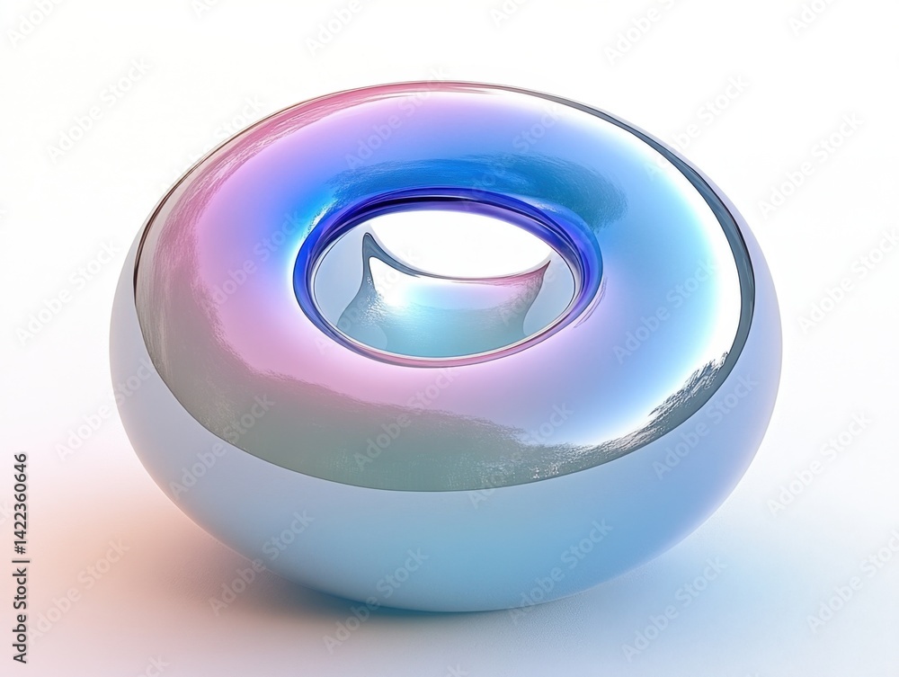 Poster iridescent sphere with central hole reflecting light in a modern minimalist style on white backgroun