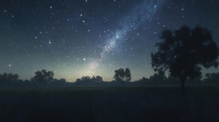 Fototapeta premium A vast, star-filled night sky over a field with trees silhouetted against the horizon. The Milky Way stretches across the sky, illuminating the landscape with a soft, ethereal glow.