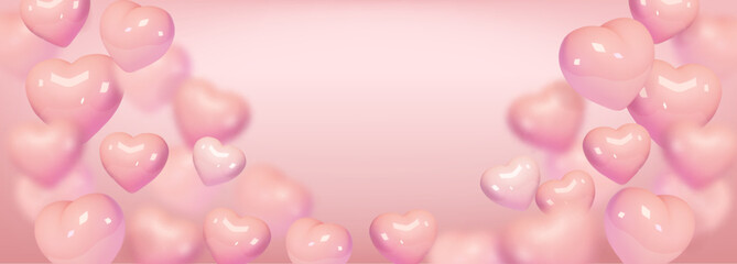 Pink blurred hearts balloon style horizontal background. Blur gradient wedding, love vector poster, Abstract modern romantic Valentine Day holiday banner,