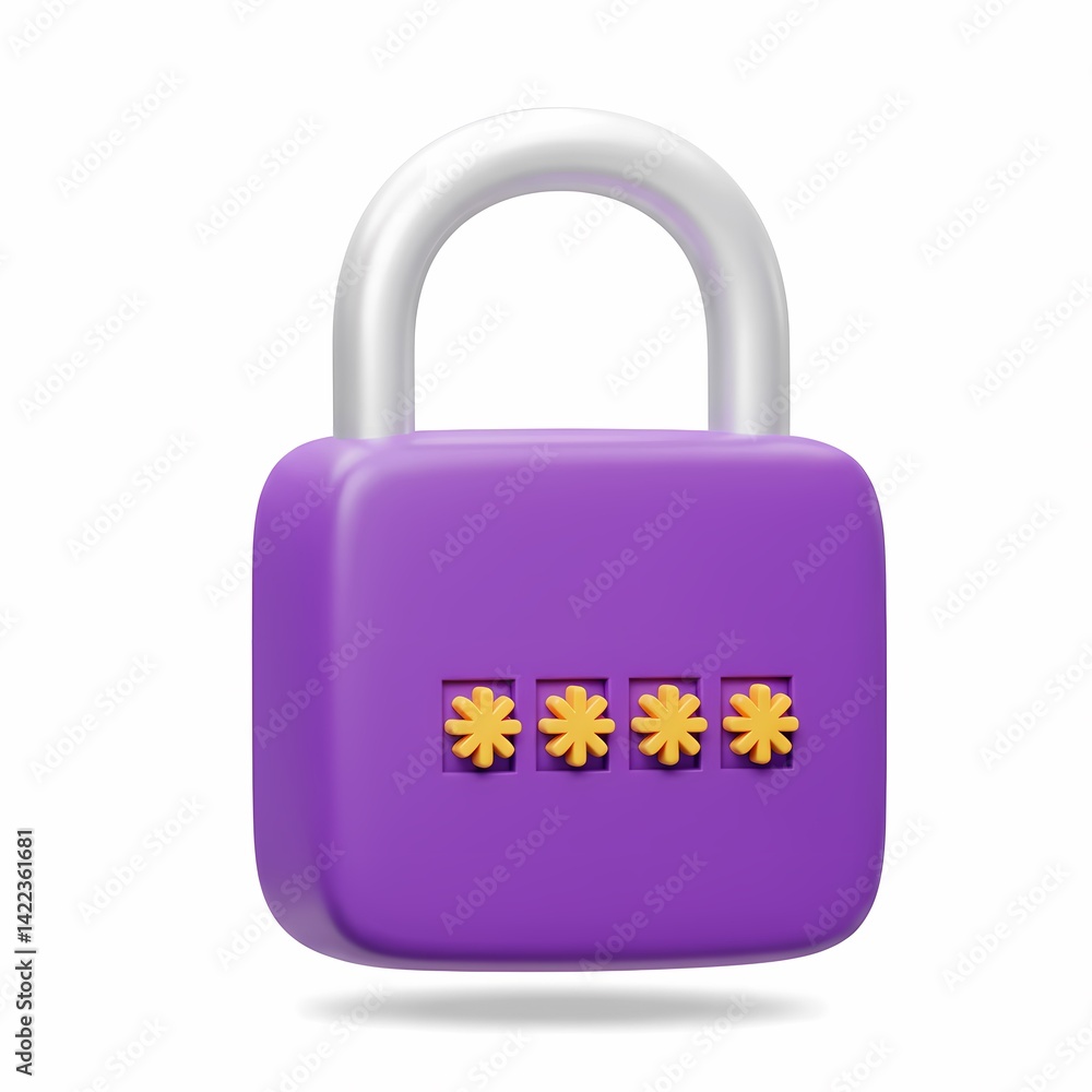 Poster 3d-rendered, purple combination lock with a lock mechanism that appears to be in the locked position