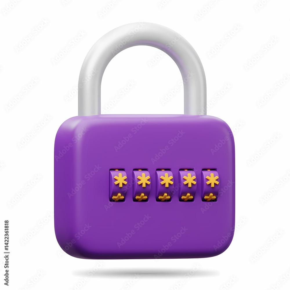 Poster 3d-rendered, purple combination lock with a lock mechanism that appears to be in the locked position