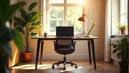 Empty chair at desk facing laptop, sunlit room, home office, private, interior
