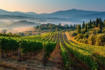 Naklejka premium Serene Tuscan Vineyard Landscape at Dawn with Rolling Hills and Cypress Trees in Soft Light