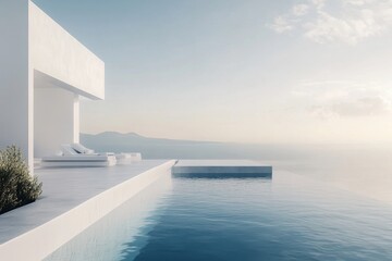 Serene Infinity Pool at Luxurious Villa Overlooking the Ocean at Sunset with Minimalist Architecture and Tranquil Atmosphere
