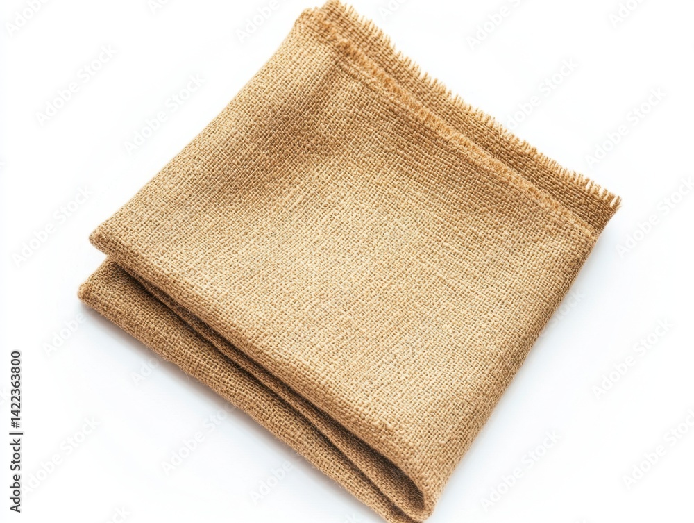 Poster folded burlap fabric on a white background showcasing its rustic texture and natural color in a simp