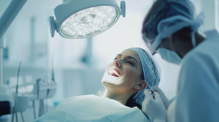 Smiling Patient During A Dental Examination With Hygienist Under Bright Light