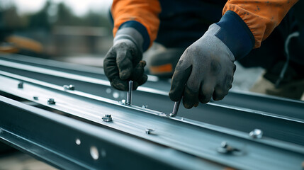Worker Assembling Metal Beams with Screws
