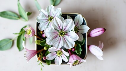 White and Teal Ligularia and Bloodroot in Square Metal Tin - Springtime Still Life