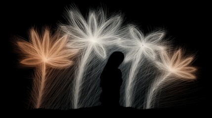 Obraz premium Silhouetted Figure Amidst Abstract Floral Design Dark Background Artistic Elegant Spir
