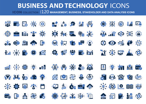 Business, data analysis, organization management and technology icon set. Teamwork, strategy, planning, marketing, cloud technology, data analysis, employee icon set. Icons vector collection