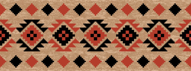 Fototapeta premium Seamless ethnic ornament border. Geometric in shades of red and black, a horizontal band of Native American-style textile design. Abstract linear pattern with rhombus.Aztec Southwest-inspired pattern.