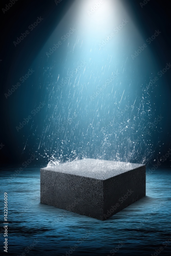Poster dramatic rain scene with a dark stone cube on water under a bright spotlight creating a moody and ca