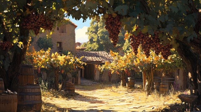 Sun-Drenched Vineyard Pathway: A Tuscan Autumn Scene
