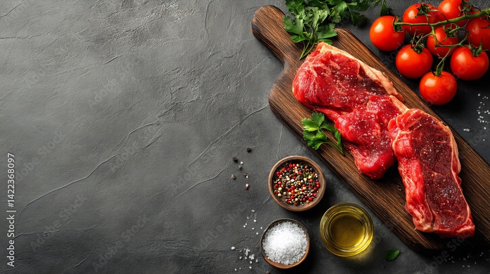 Poster fresh raw beef steak with cherry tomatoes and spices on a wooden cutting board in a rustic kitchen s