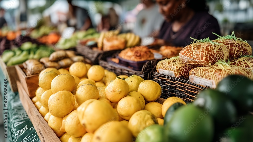 Poster vibrant display of fresh lemons and assorted bakery items at a colorful farmers market : generative 