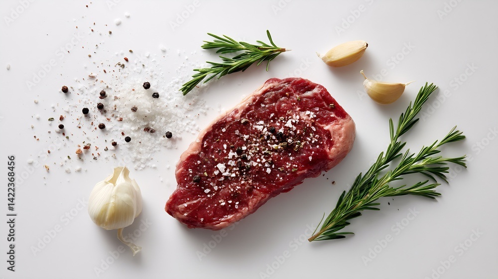 Aufkleber raw beef steak presented on a clean background with aromatic herbs and spices for culinary preparati