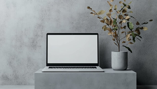 Front view of laptop mockup with white screen on empty cube, minimal gray background and plain wall for clean tech product display
