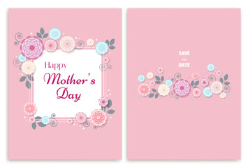 Flower. Floral background. Mother's Day. Congratulations. Border. Leaves. Vector pattern. 3D. Wreath of roses. Bouquet. Volumetric flowers. Stems. Pink. Graphic. Rose drawing.