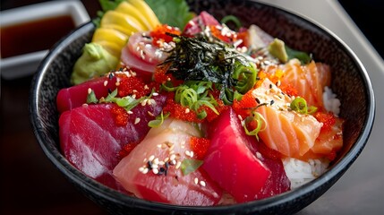 Sashimi Donburi with Fresh Fish and Toppings
, A vibrant sashimi donburi bowl with fresh tuna, salmon, avocado, and garnished with sesame seeds, green onions, and roe.
