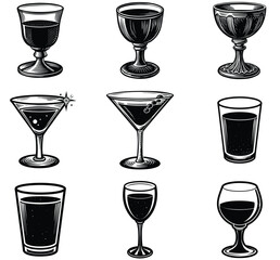 A vector set showcases a collection of glass icons for various drinks including wine, cocktail, beer, martini, and champagne, perfect for bar or restaurant design
