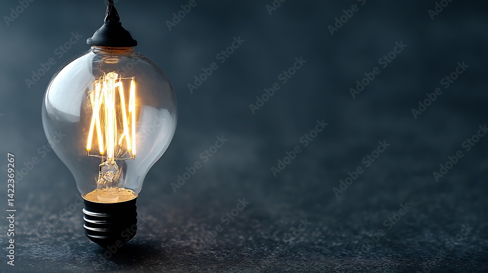 Poster closeup of vintage clear light bulb illuminated with warm glowing filament design : generative ai