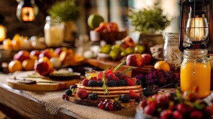 A rustic table laden with an array of fresh fruits, pastries, and a vibrant juice, creating a picturesque scene of abundance and warmth.
