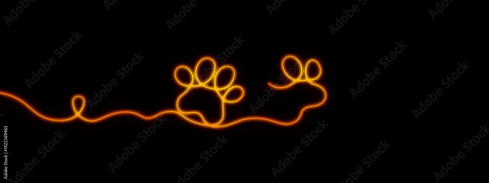 Poster video. drawing a neon paw of a dog or a cat continuous line. trace design. one linear artistic impri