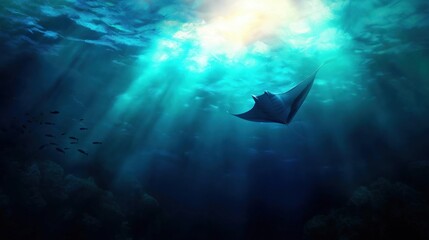 Underwater scene of a manta ray swimming in the ocean.