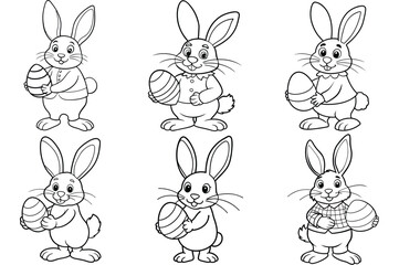 Fototapeta premium Bunny holding Egg outline vector illustration isolated on white background.