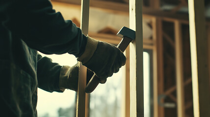Construction Worker Using Hammer on Wooden Frame