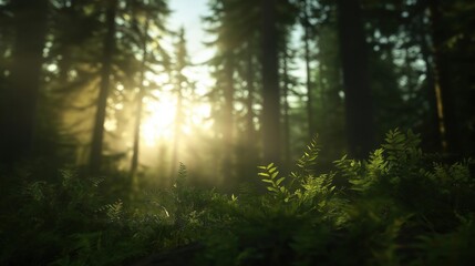 Fototapeta premium Beautiful landscape of a forest with tall trees and ferns. the sun is shining through the trees, creating a warm glow that illuminates the scene.