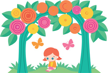 Whimsical Tree with Vibrant Flowers and Seated Girl Colorful Illustration