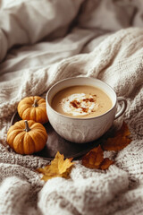 Cozy autumn scene with pumpkin spice latte in elegant cup, surrounded by mini pumpkins, fallen leaves, and soft knit blankets on a bed.