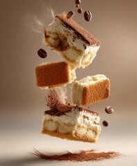 food levitation of  tiramisu layers 