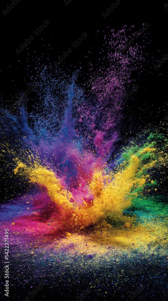 Poster vibrant explosion of colorful powder against a dark backdrop creating a dynamic and artistic splash 