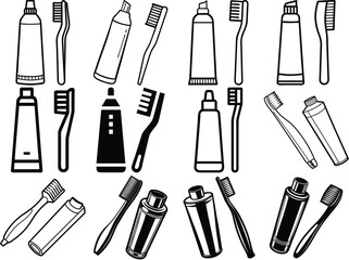 Tooth brush and Tooth paste silhouette vector illustration isolated on white background.