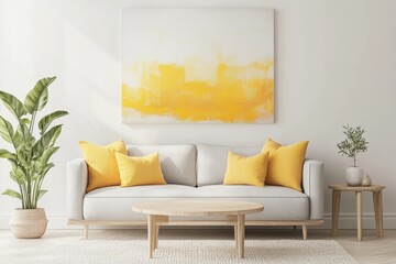 Minimalist living room with white walls, gray sofa, wooden coffee table, and warm soft lighting