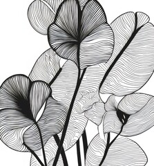 白黒の葉のイラスト 垂直構図の葉脈が詳細に描かれた植物のグラフィックデザイン