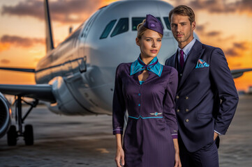 Pilot and a stewardess in elegant purple uniform standing in front of a business jet. Airlines and flight staff concept. Lifestyle portrait for poster, commercial, design